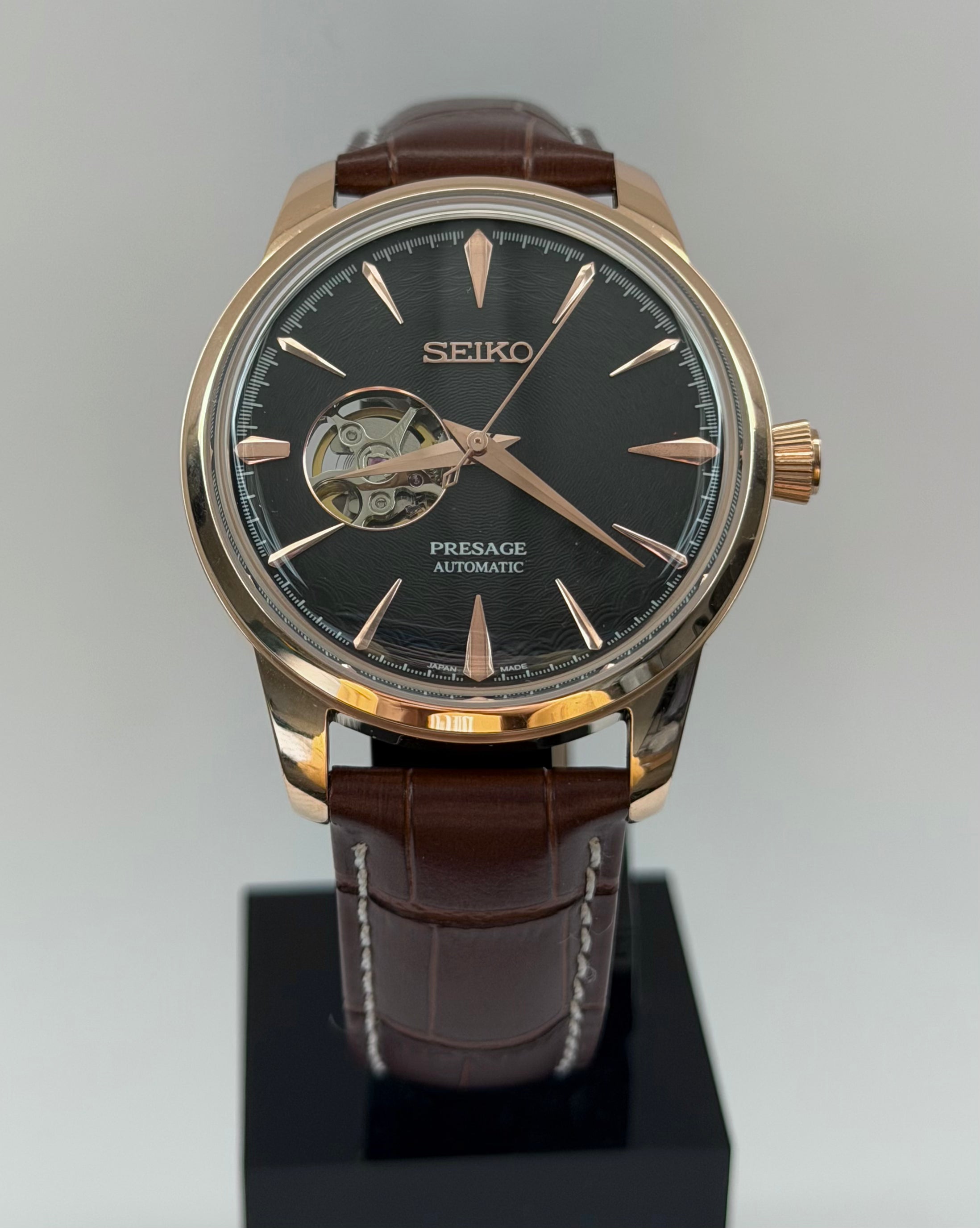 Presage Mod Open Heart Rose Gold Brown Leather