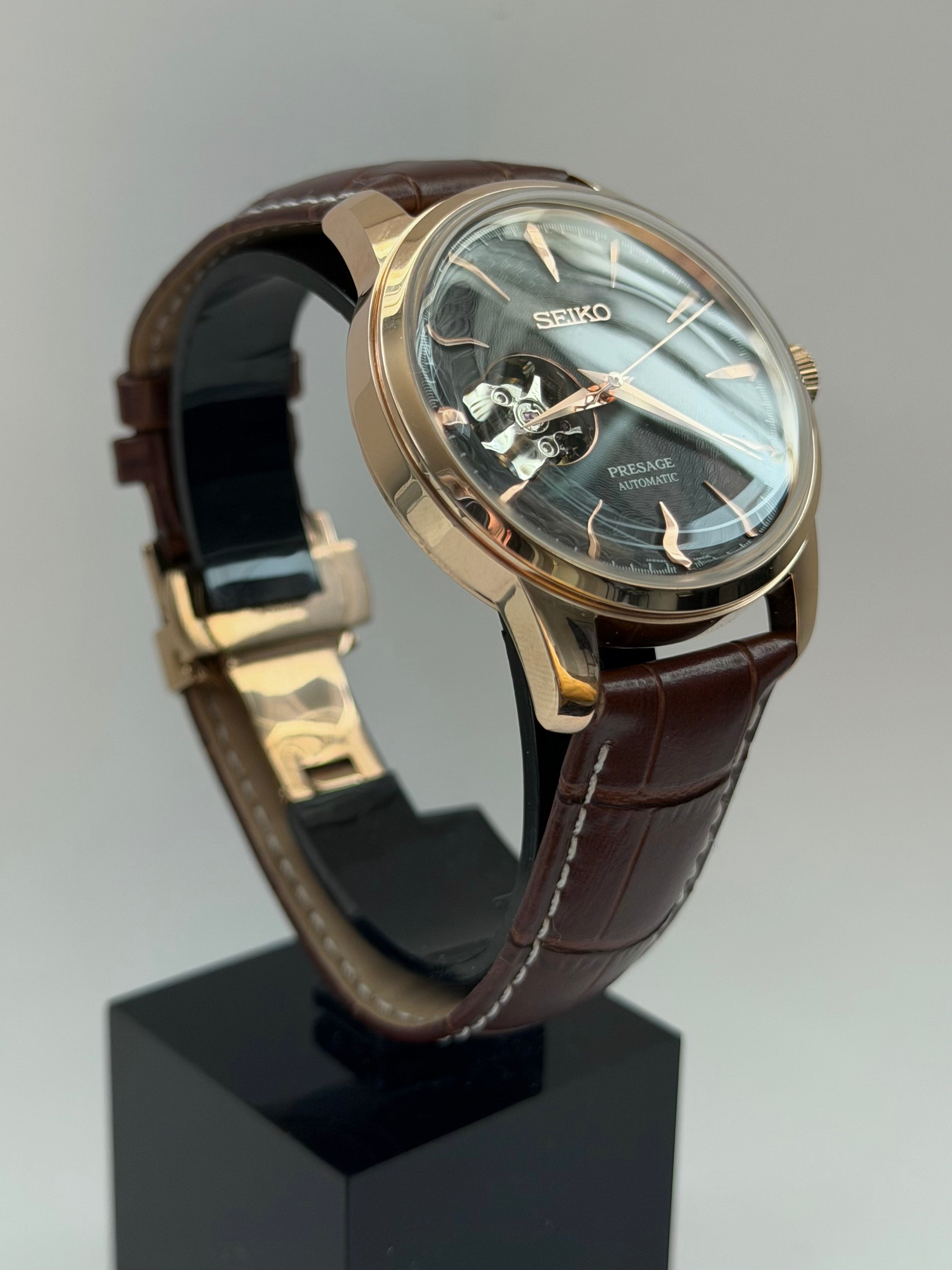 Presage Mod Open Heart Rose Gold Brown Leather