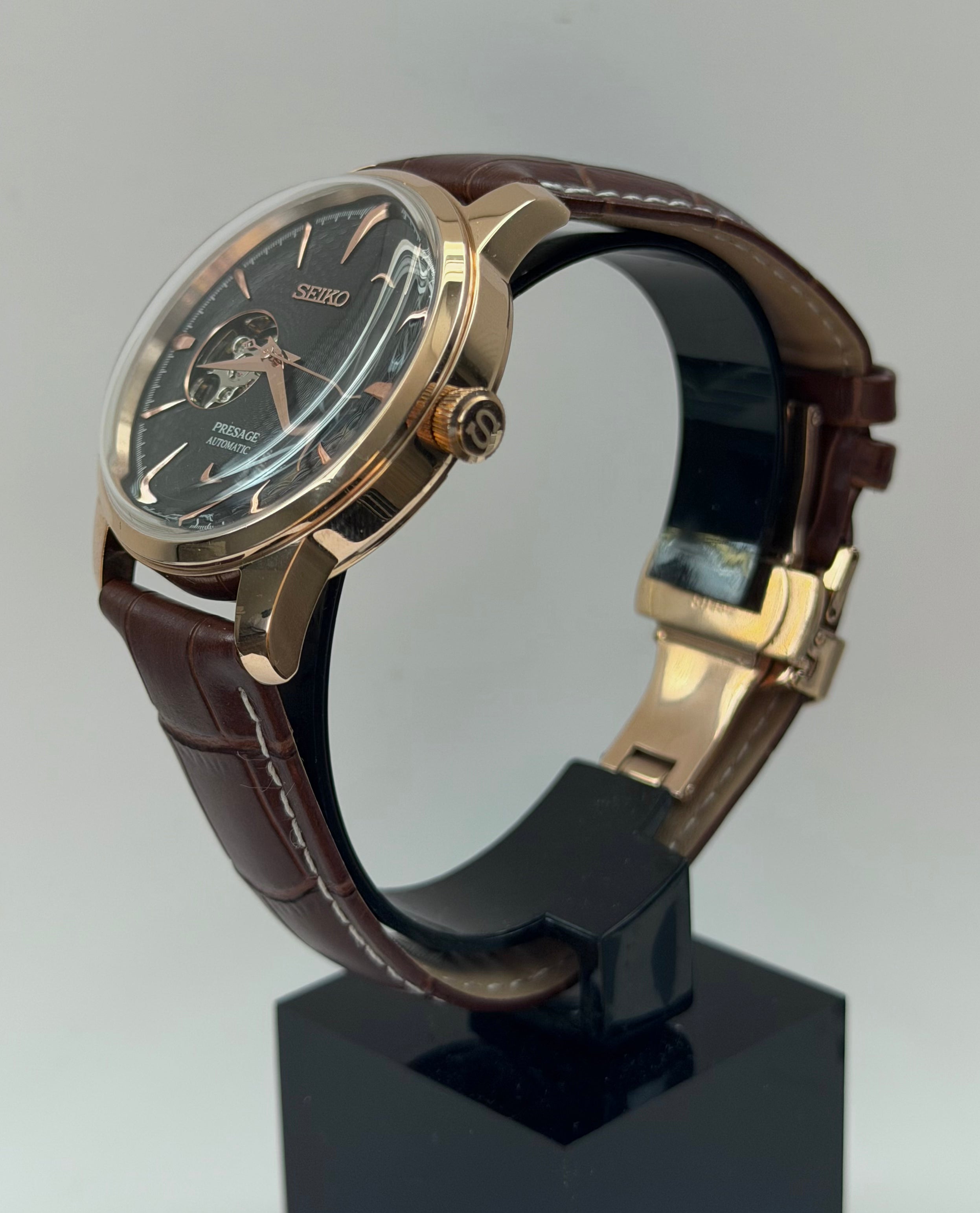 Presage Mod Open Heart Rose Gold Brown Leather